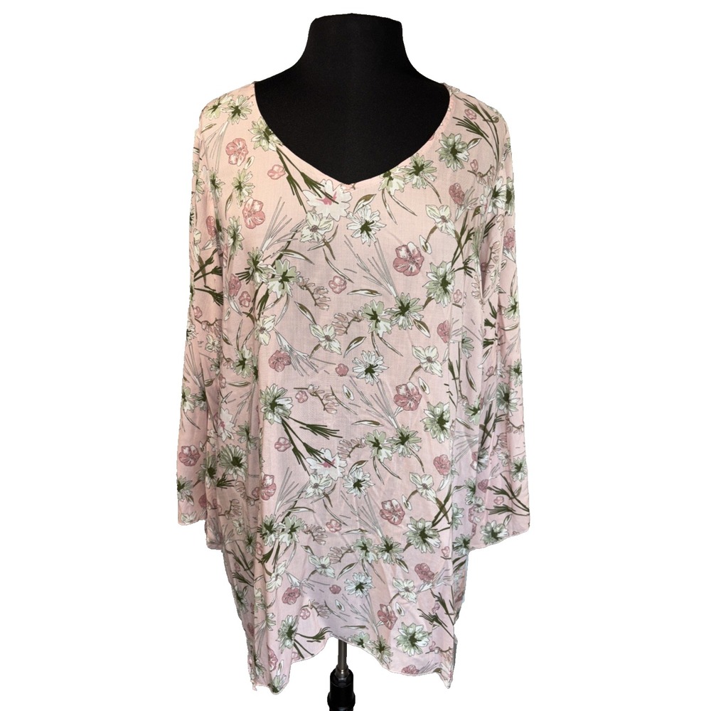 Floral Tunic Blouse by Blue Sky Plus‎ Size 1X Pink Fairy Shark Bite Hem